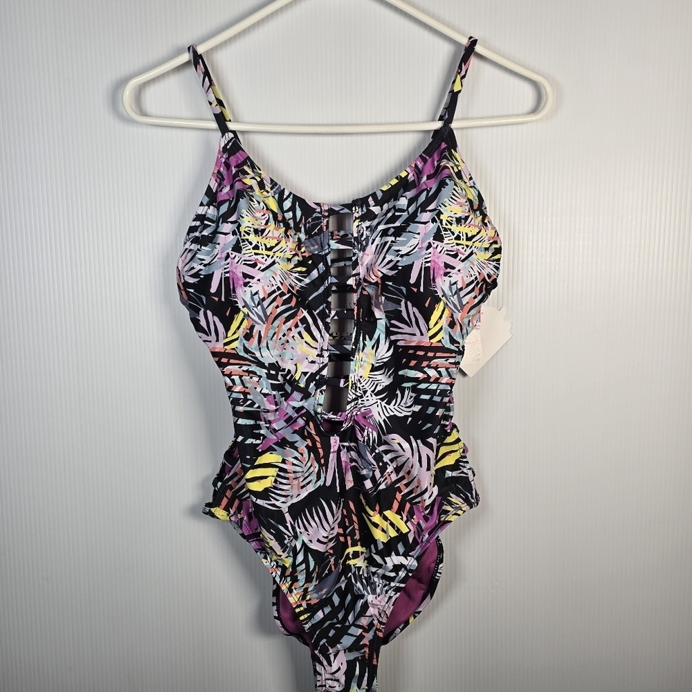 NWT YMI Women's Multicolor Tropical Print One-Piece Swimsuit Size M Cutouts